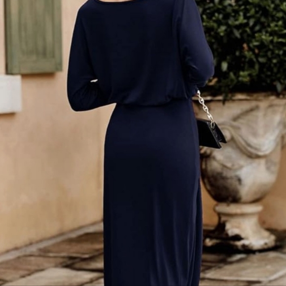 NWT- Size XL- PRETTYGARDEN Blue Ruched Midi Dress,Long Sleeve with Draped Front - Picture 12 of 16